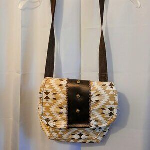New Pleather trim Southwestern Crossbody Bag Purse Brown Mustard Chevron Sling